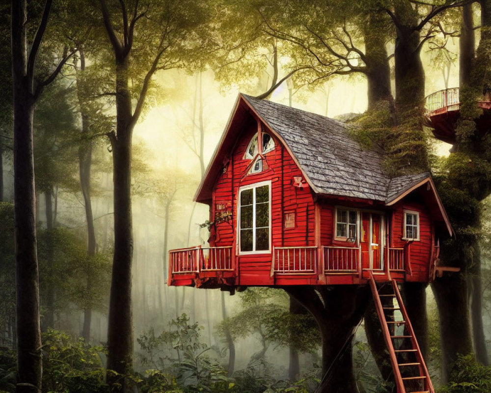 Red shingled treehouse in foggy forest with stairway and bridge