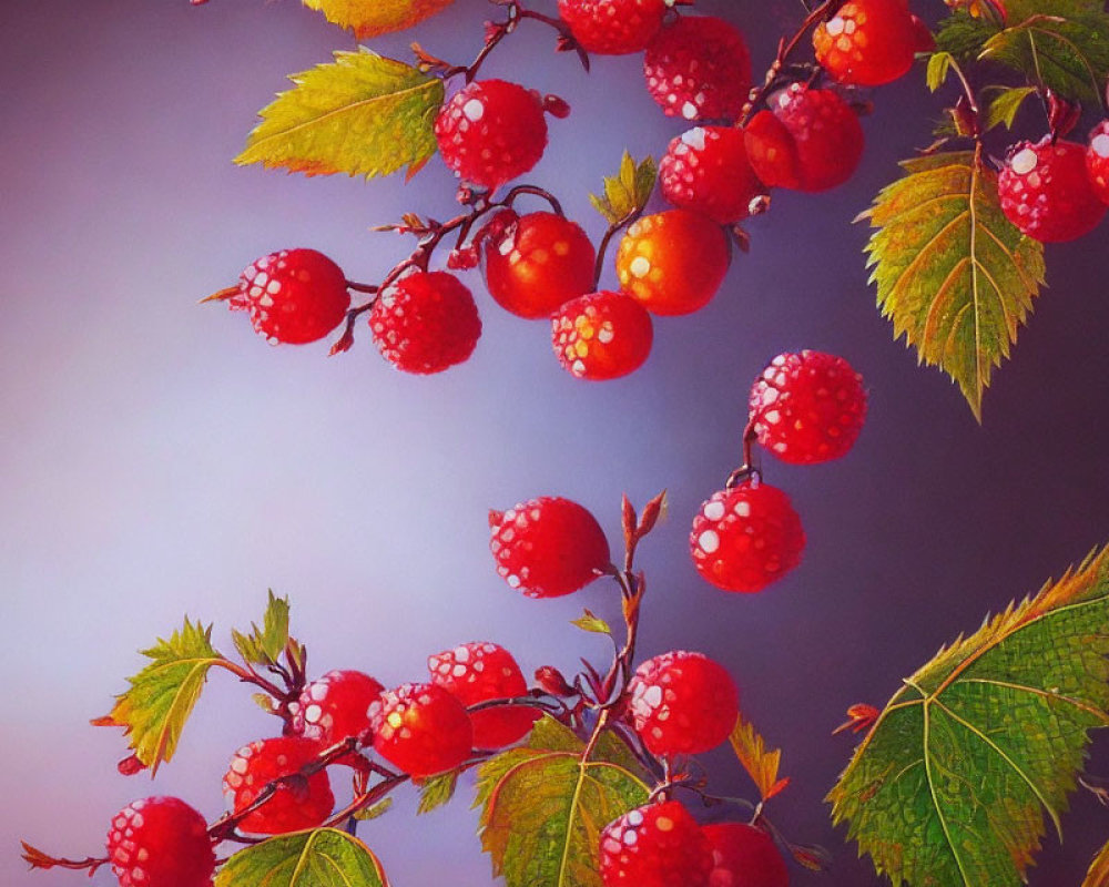 Ripe red berries and green leaves on purple background