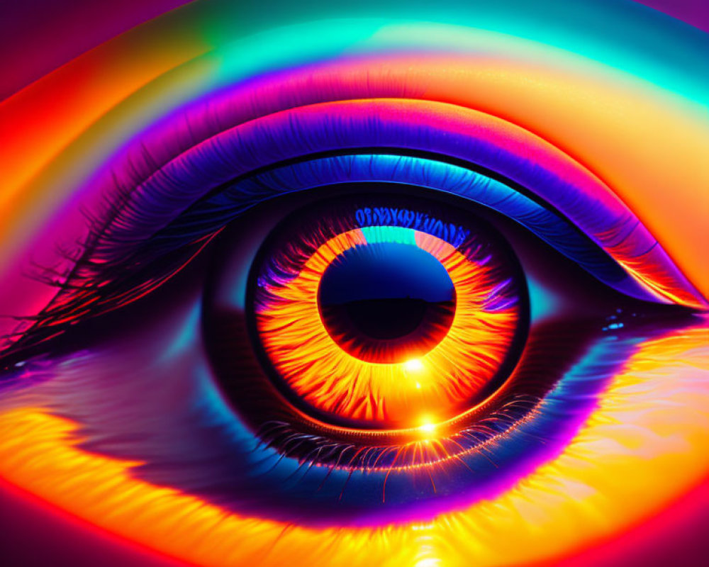 Close-up of human eye with neon colors radiating from pupil