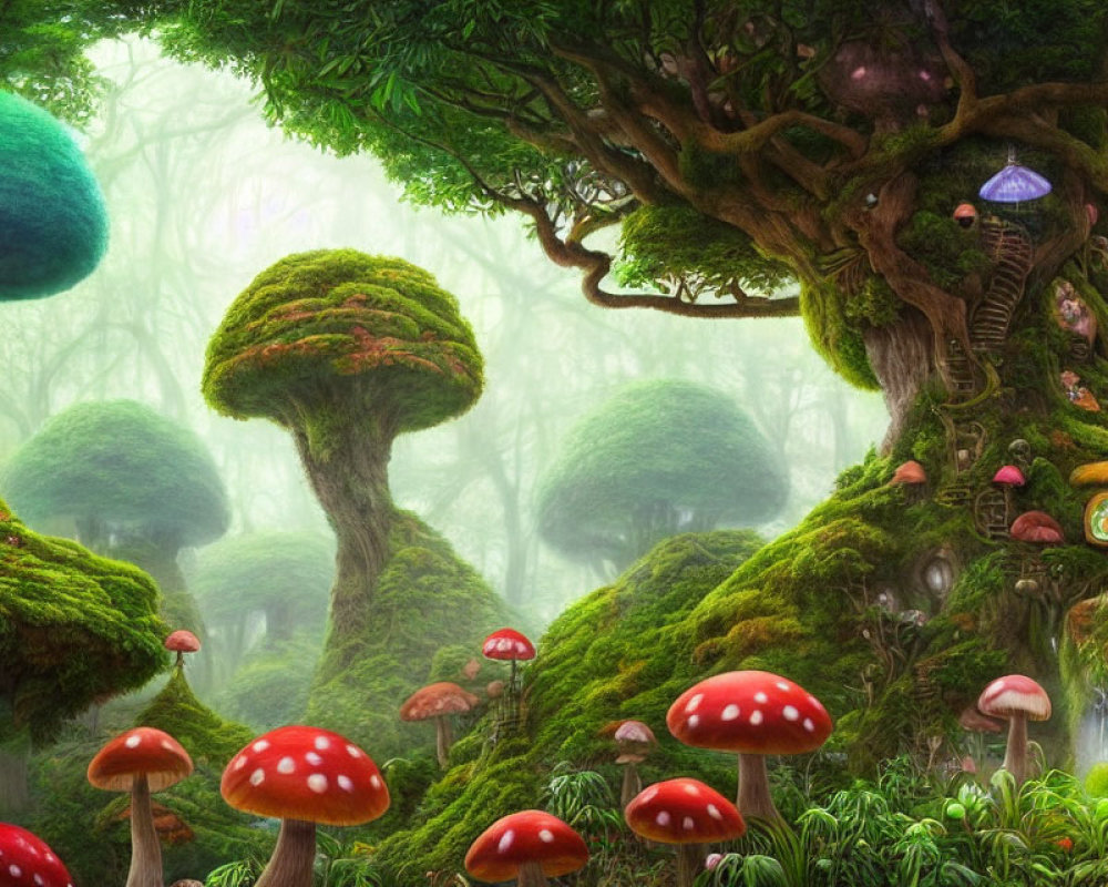 Mossy trees, red mushrooms, whimsical houses in misty forest