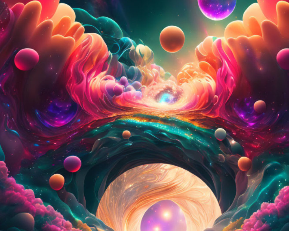 Colorful digital artwork: Person in tunnel surrounded by cosmic clouds and orbs