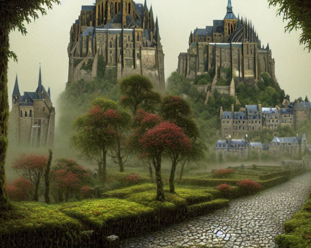 Majestic castle on misty hill with lush greenery and cobblestone path