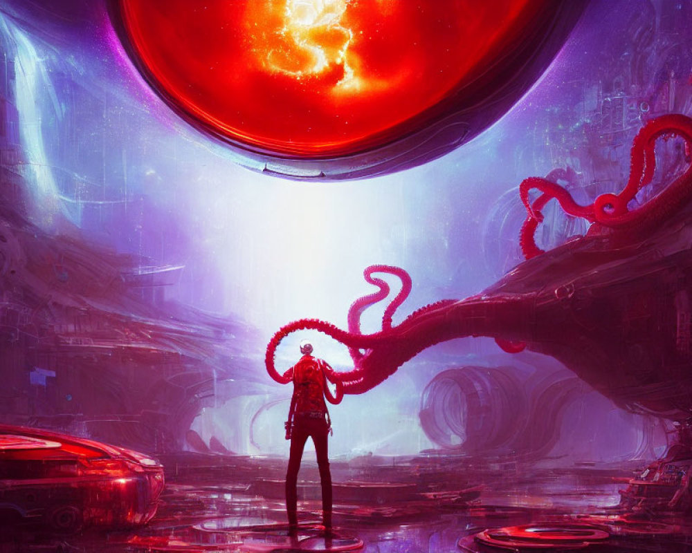 Alien landscape with figure and tentacles under giant red celestial body