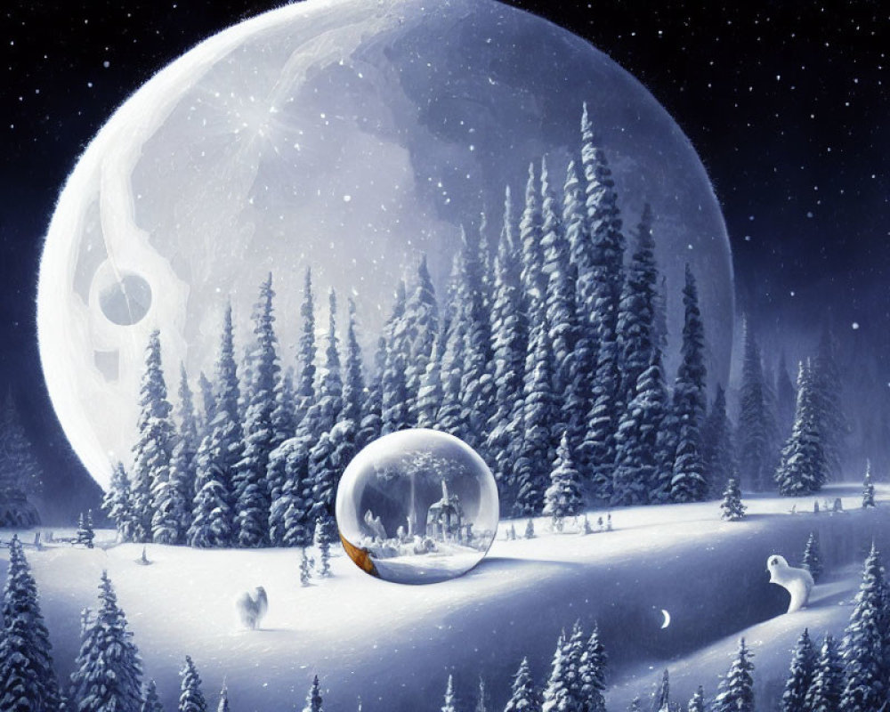 Snowy Night Landscape with Transparent Bubble, Moon, Trees, and Animals