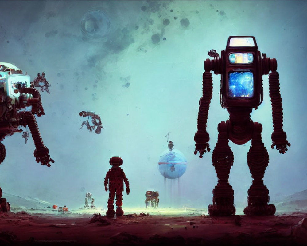 Futuristic robots and astronauts in misty alien landscape