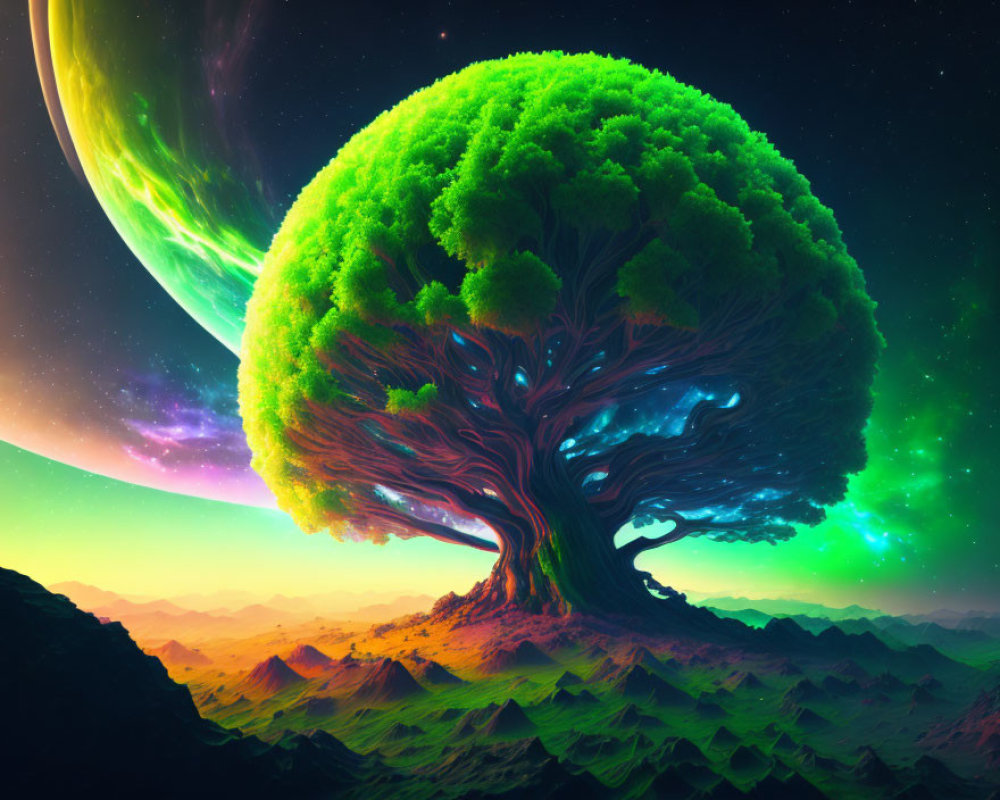 Digital art: Colossal tree on alien planet with lush foliage and green celestial body