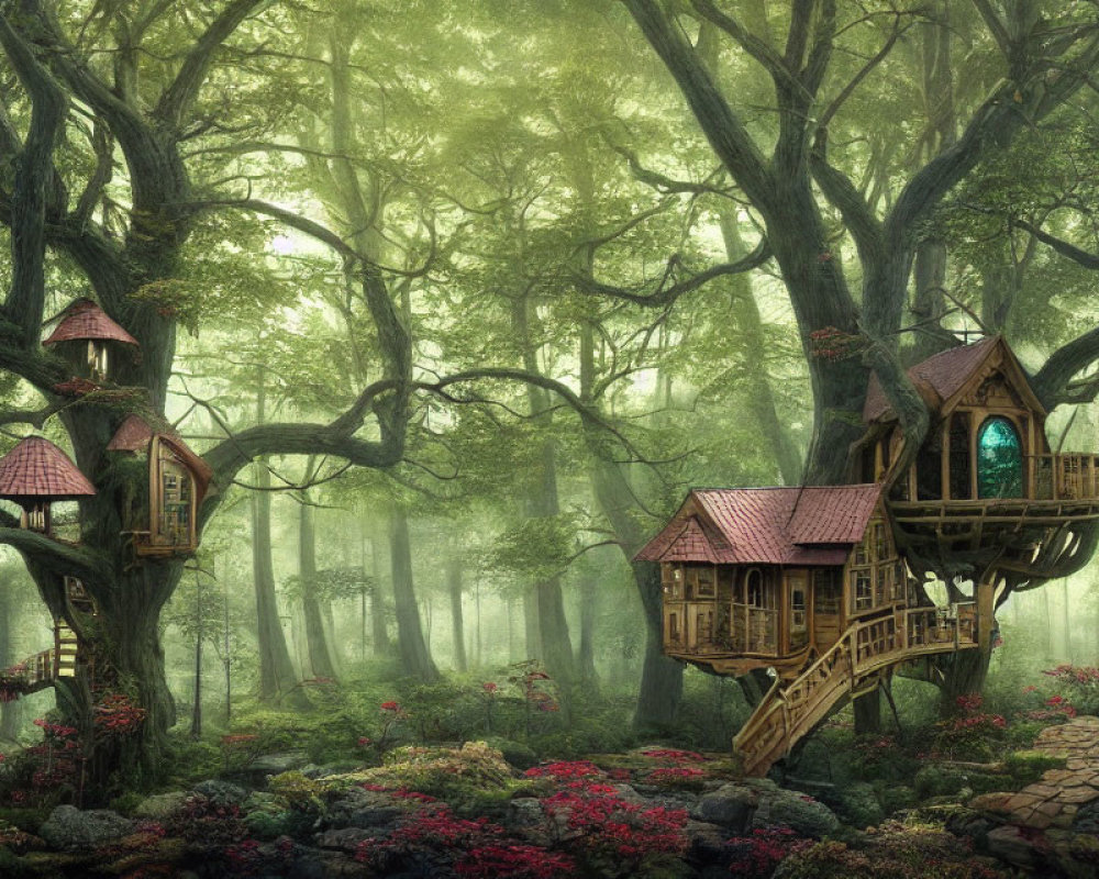 Misty forest with vibrant flora and whimsical treehouses