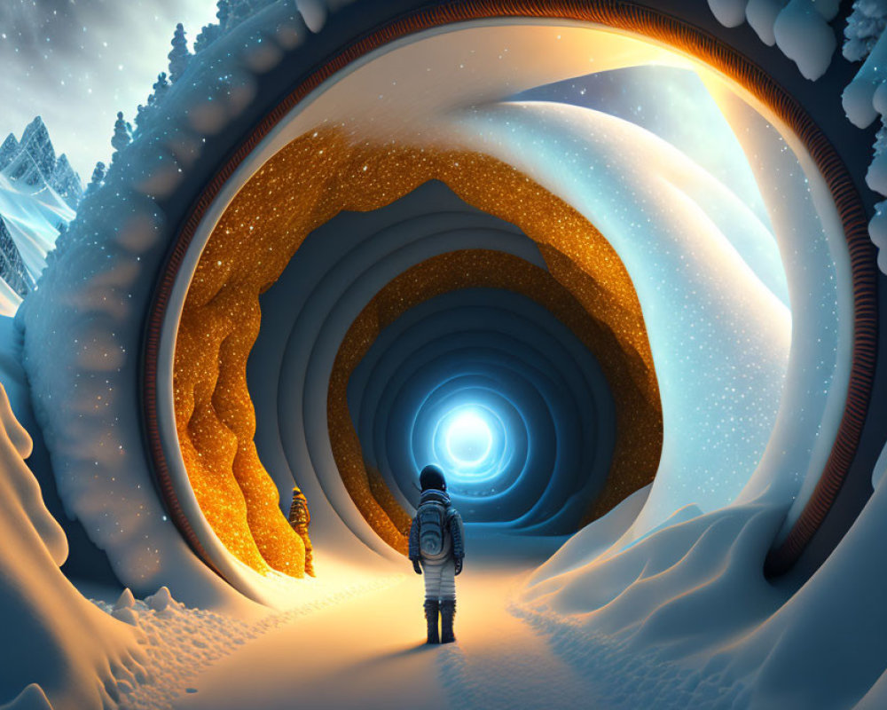 Surreal tunnel scene with glowing end, snowy peaks, and orange creature