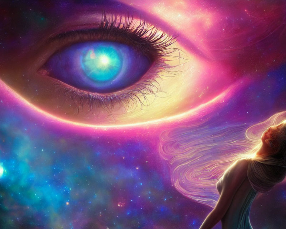 Woman Looking at Cosmic Eye in Nebula Dreamscape