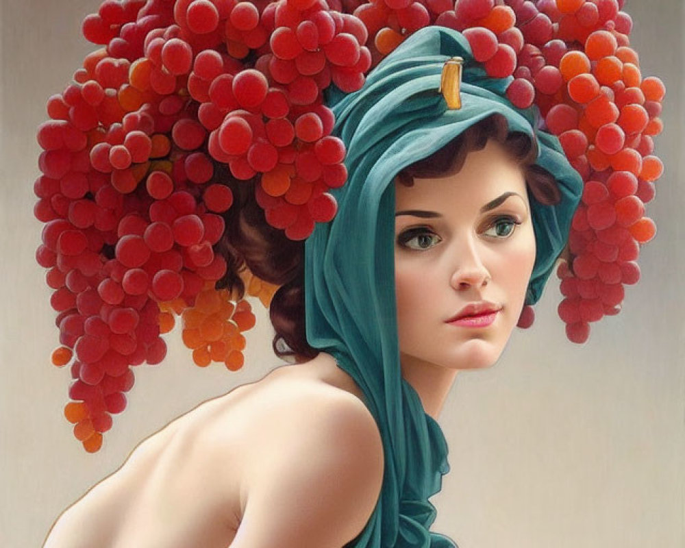 Whimsical woman in grape hat and flowing green scarf exudes elegance and fantasy