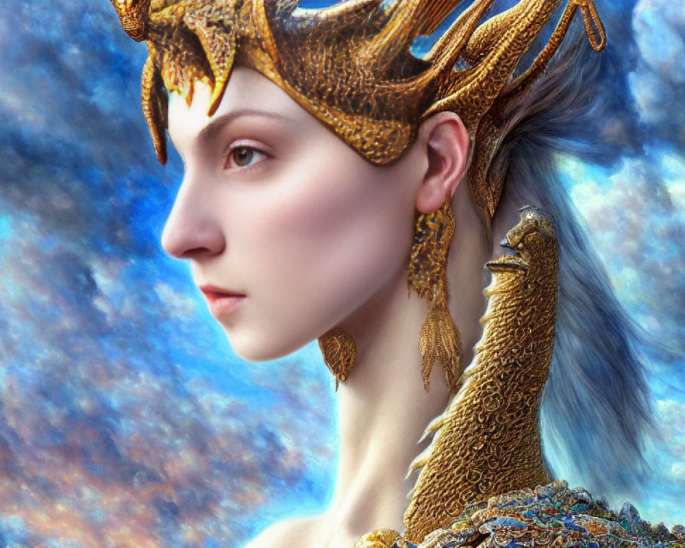 Portrait of woman with golden crown and jewelry on vibrant blue cloudy background