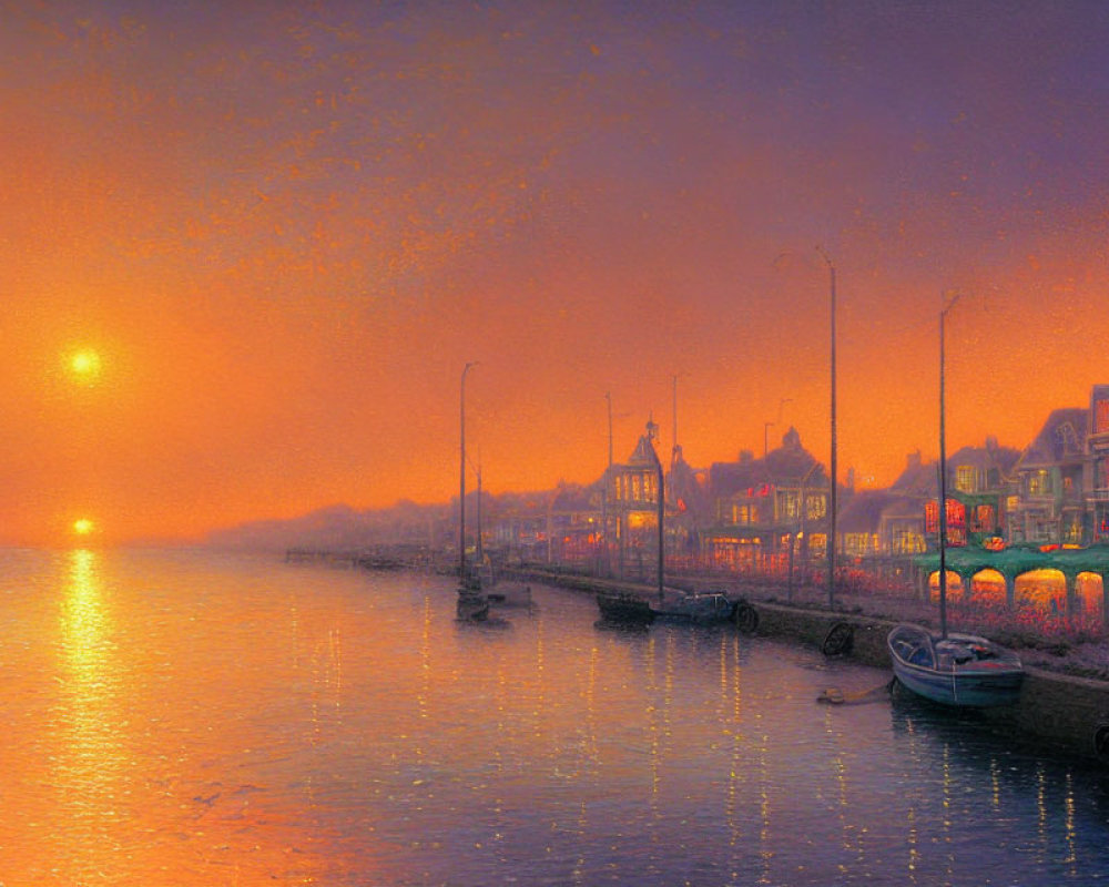 Tranquil Coastal Town Sunset with Silhouetted Boats