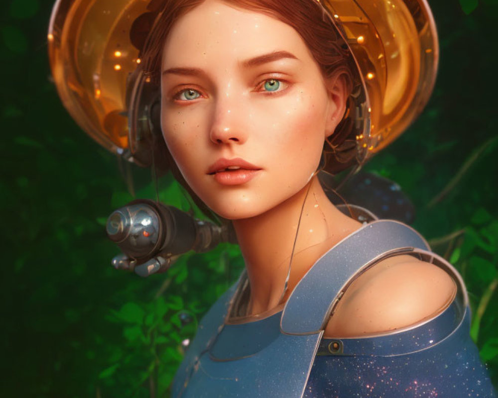 Futuristic gold helmet young woman in space-themed outfit among lush greenery