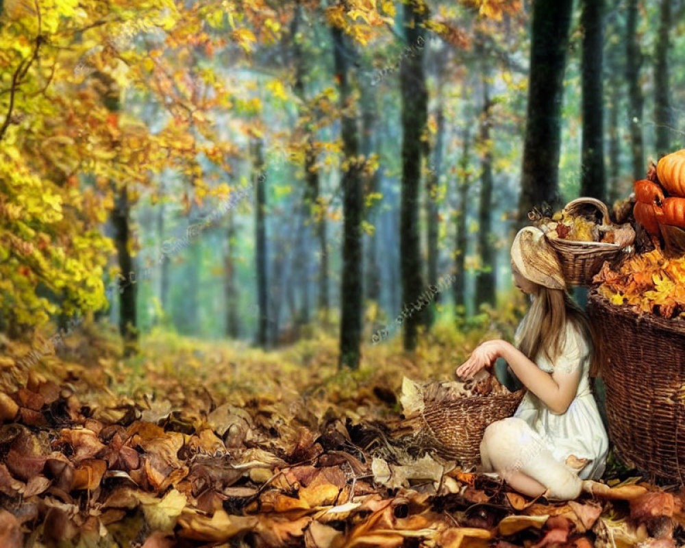 Young girl in straw hat with pumpkins and autumn leaves in vibrant forest