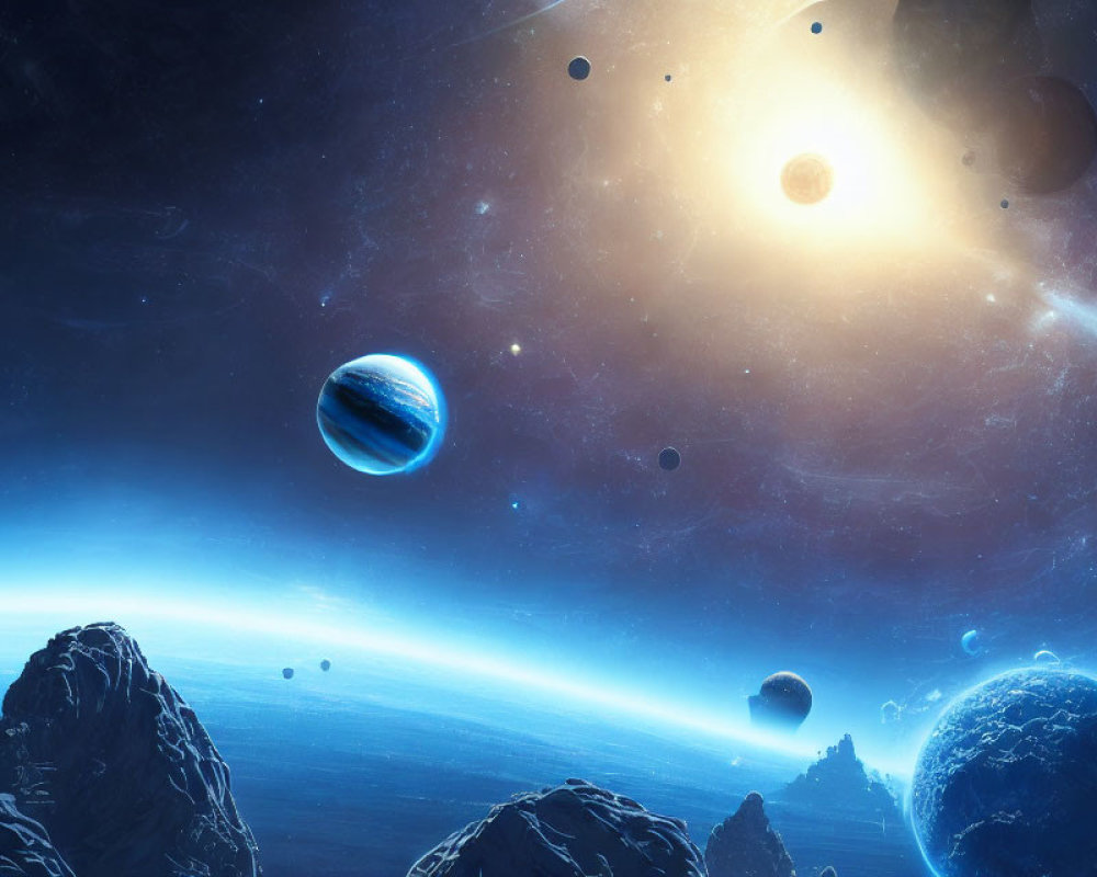 Colorful space scene with planets and asteroids under a bright star