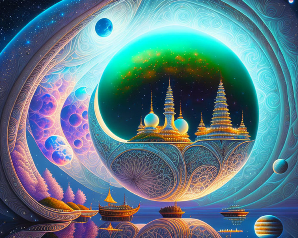 Colorful, ornate fantasy landscape with celestial bodies and patterned sky