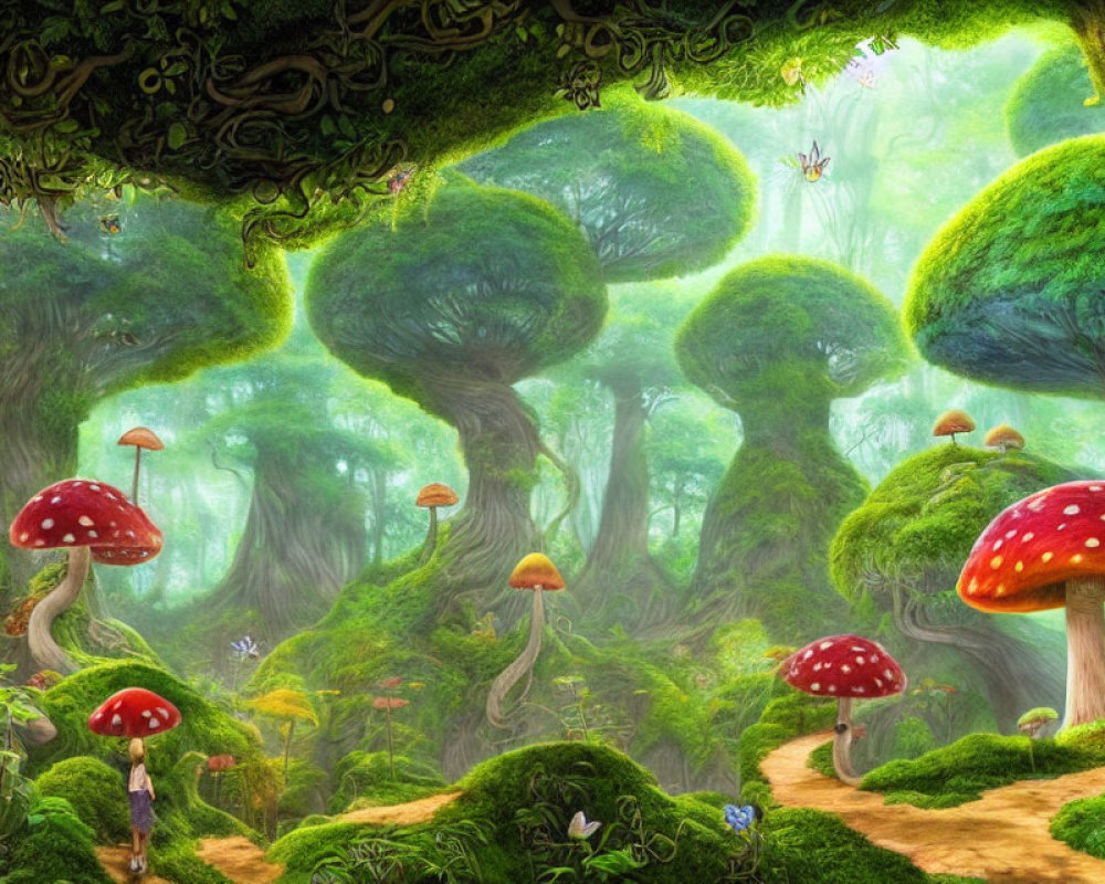 Fantasy forest with oversized red-capped mushrooms and twisting moss-covered trees