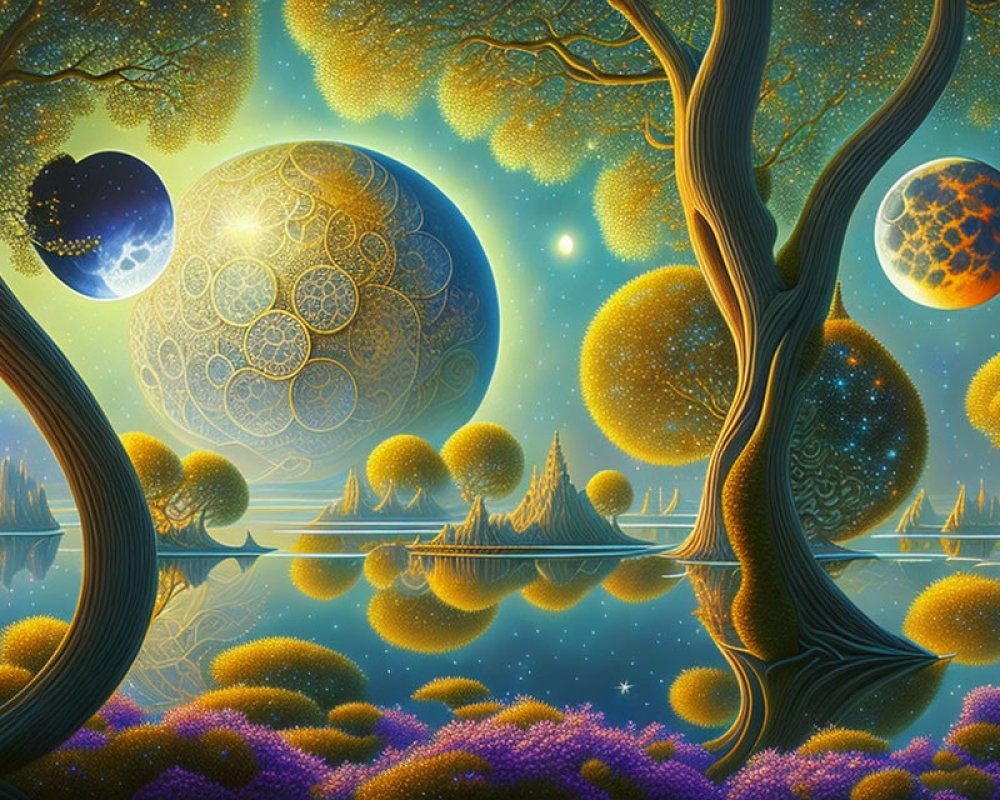 Vibrant trees, celestial orbs, floating islands in a fantastical landscape