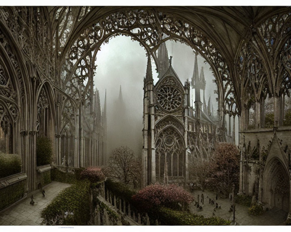 Detailed Stone Arches and Stained Glass in Gothic Cathedral Interior