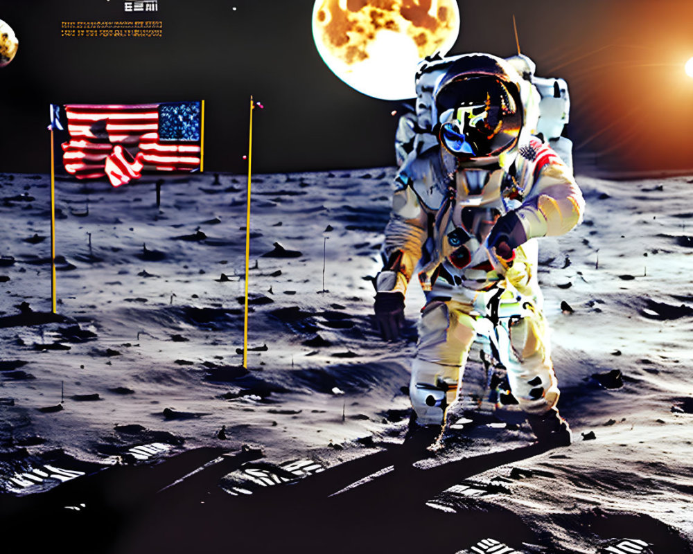 Astronaut in spacesuit on moon with Earth and US flag.