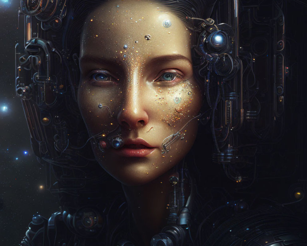 Digital artwork of a woman with cyborg features in cosmic setting