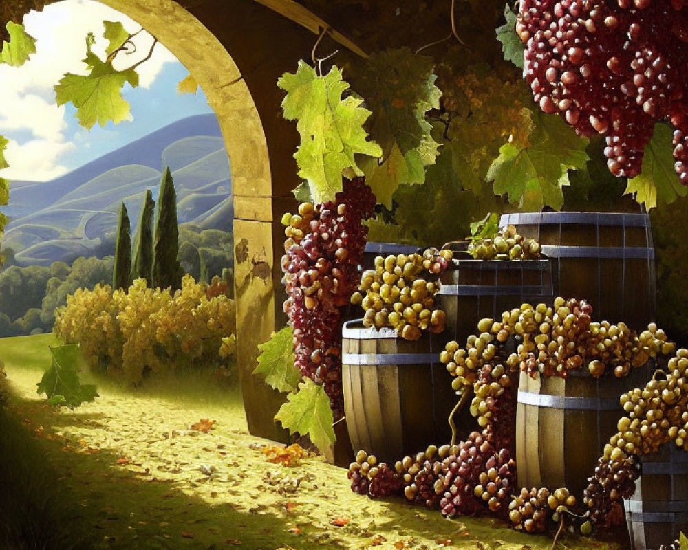 Ripe grape bunches, wooden barrels, and rolling hills in vineyard scene