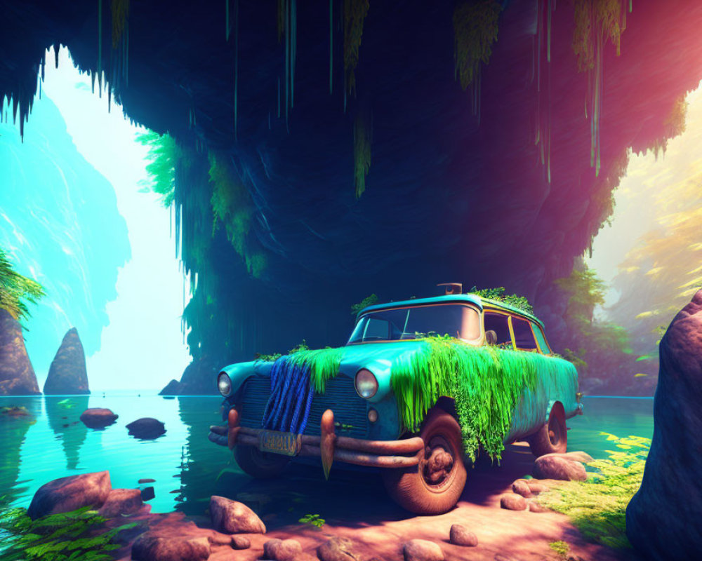 Abandoned vintage car covered in moss and vines in mystical cave