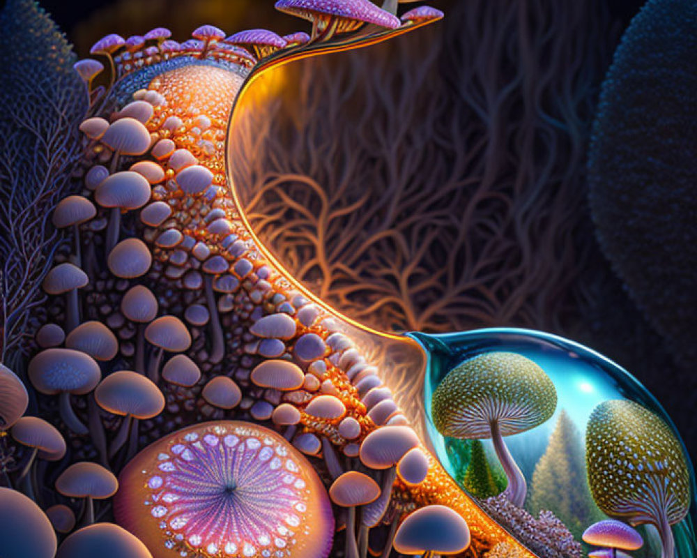 Colorful digital artwork: stylized mushrooms, intricate patterns, glowing bubble on dark background