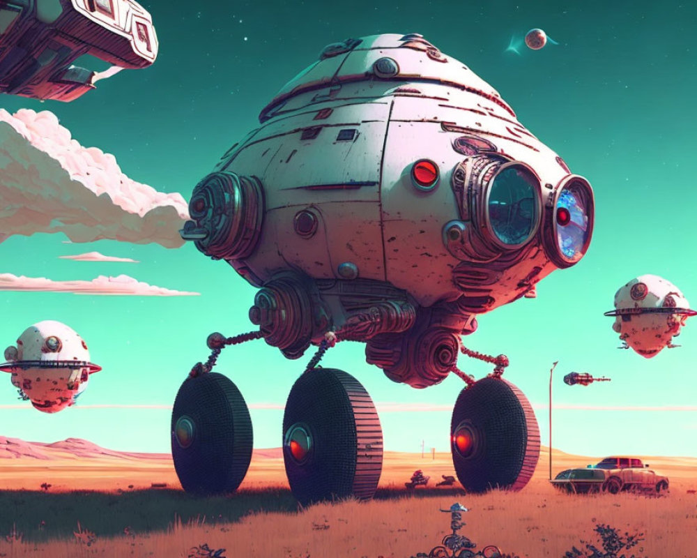 Futuristic spherical robots with multiple legs in alien desert landscape