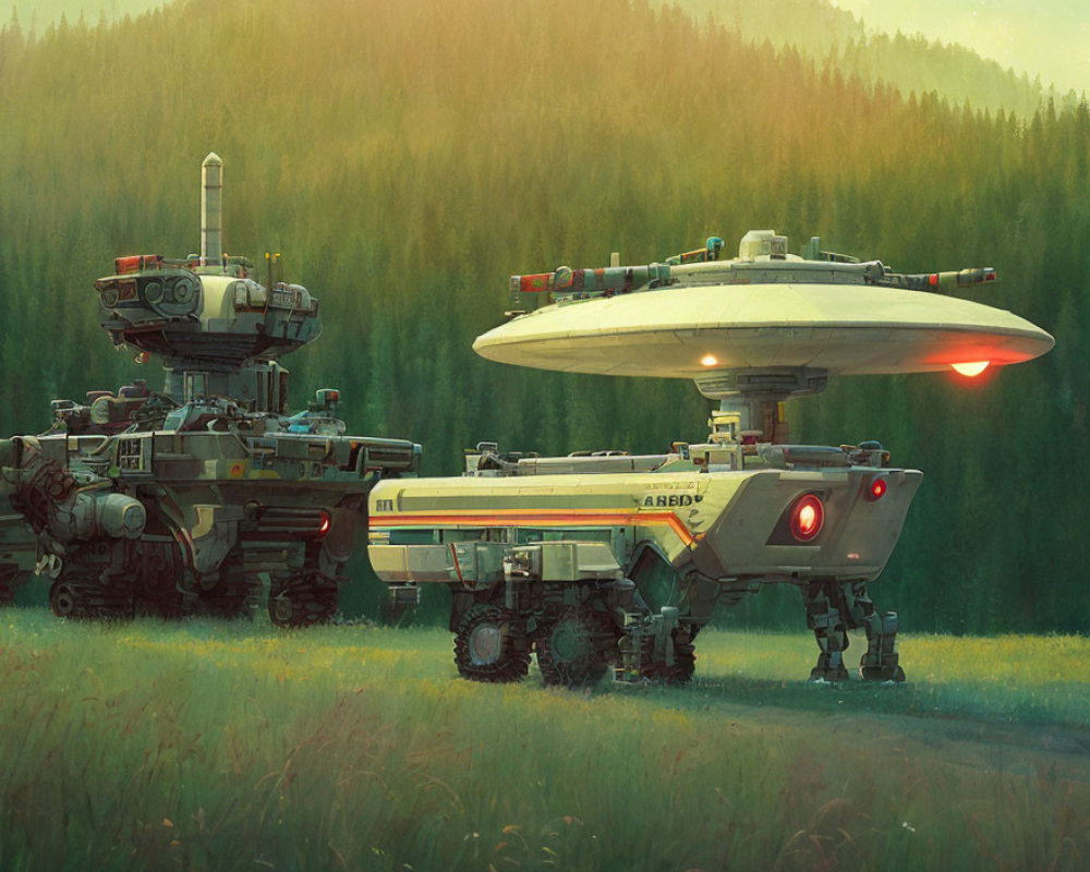 Futuristic tank, missile launcher, rover with robotic legs in forest setting