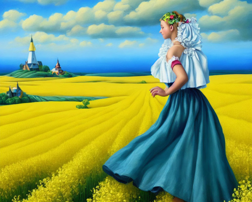 Woman in traditional attire walking through vibrant yellow field with flower crown.