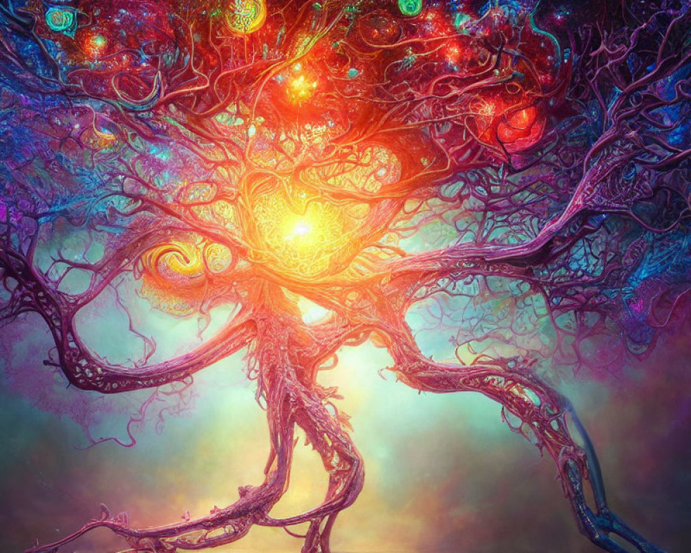 Surreal tree with glowing orbs against colorful nebula backdrop