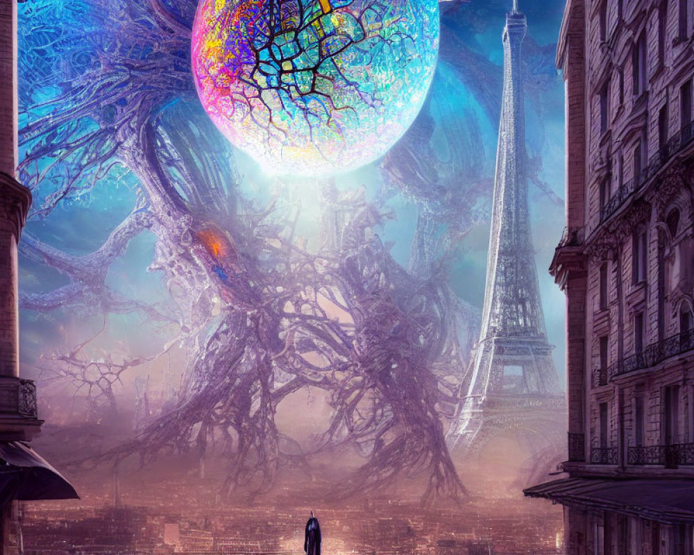 Surreal landscape with giant tree, colorful orb, Eiffel Tower, and Parisian buildings