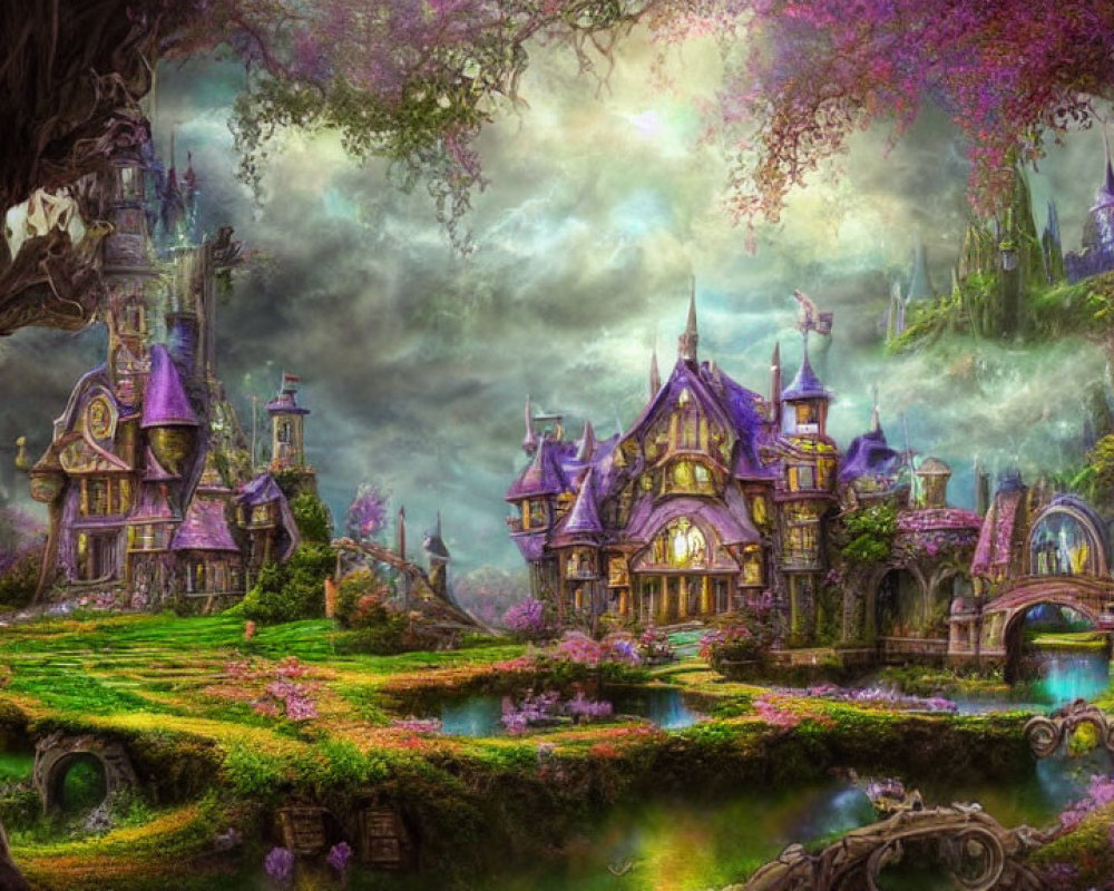 Fantasy landscape with storybook castles, lush foliage, flowers, river, moody sky