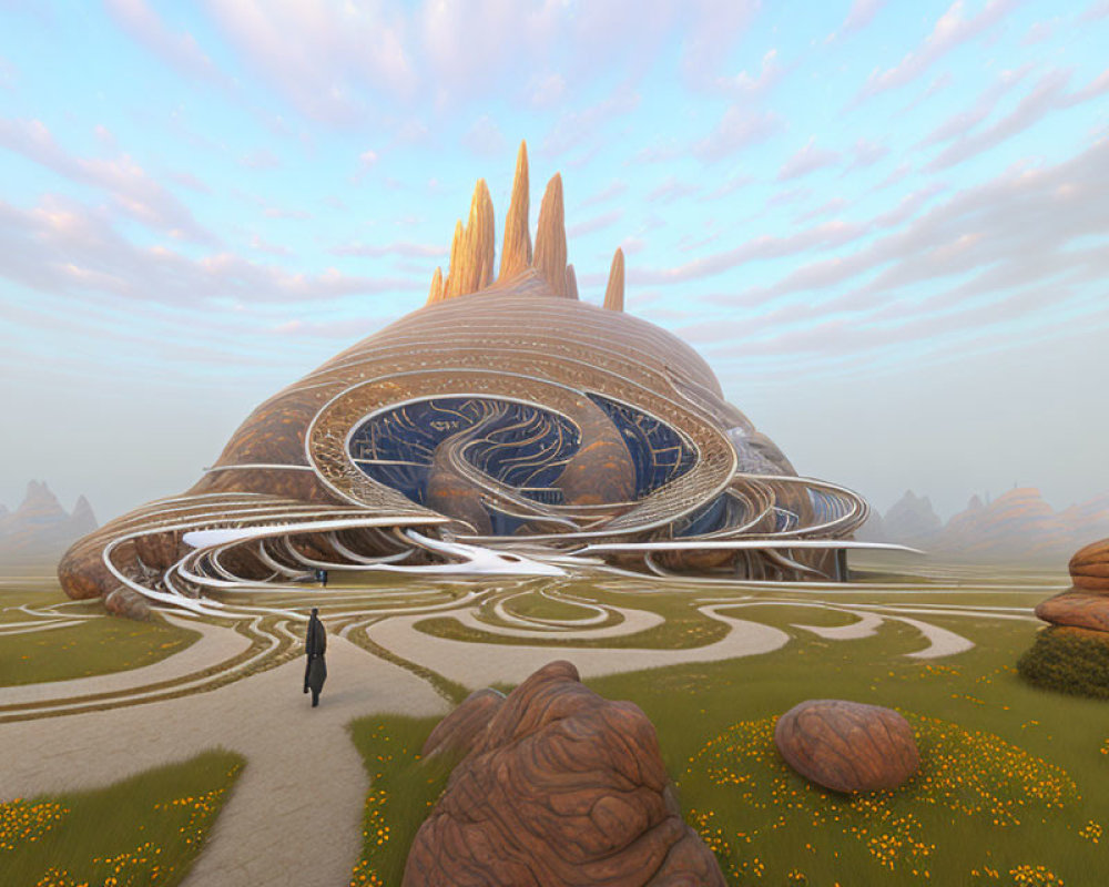 Futuristic shell-like building with spiraling patterns in rocky landscape