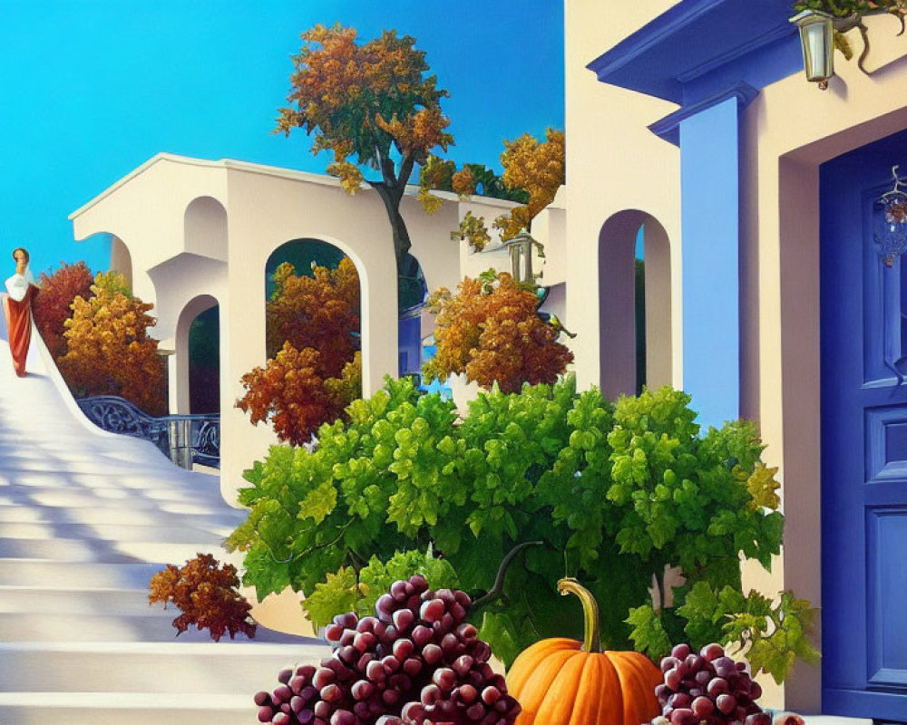 Colorful Mediterranean Scene with Blue Doors, White Walls, and Grapevines