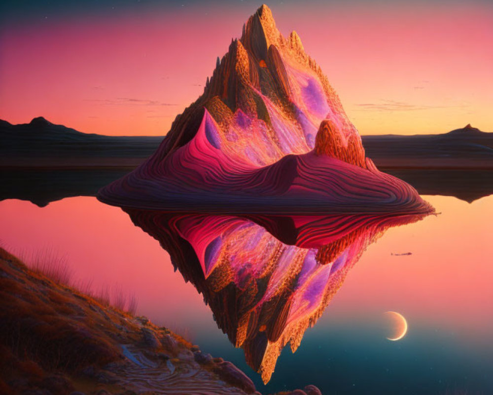 Surreal landscape with floating rock formation and two moons