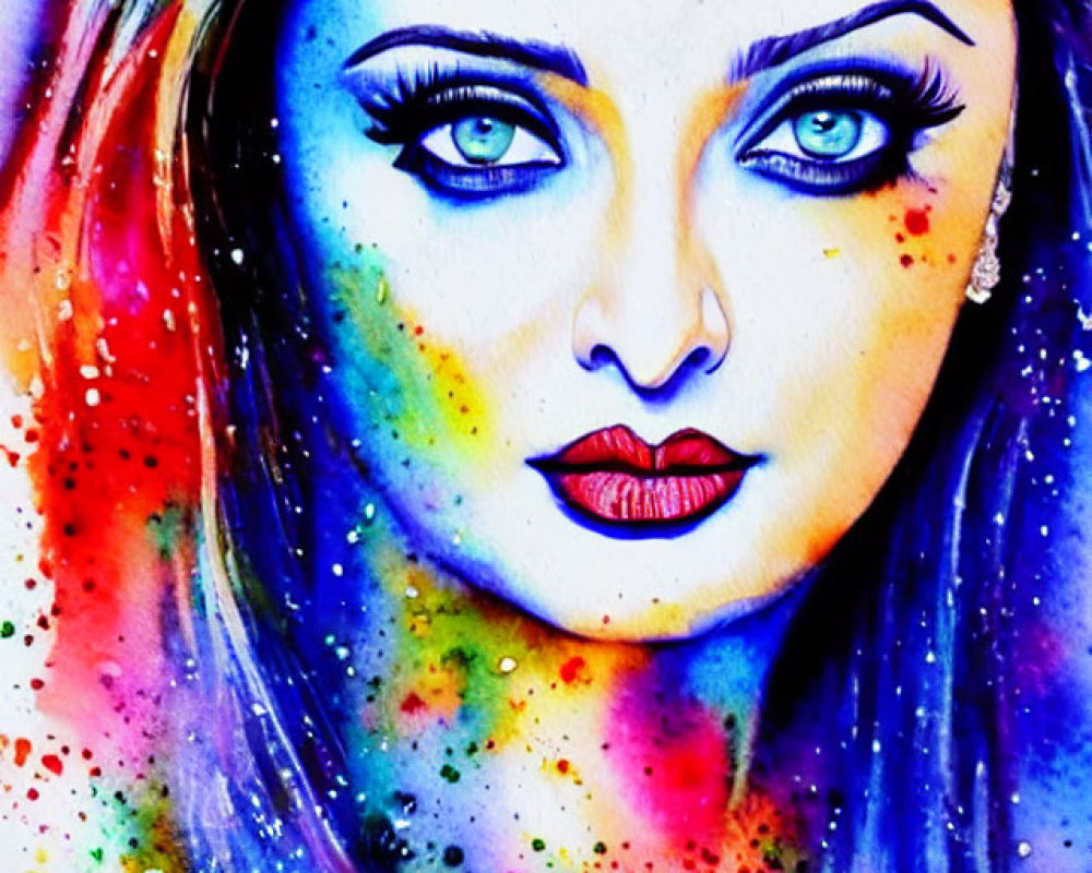 Colorful Watercolor Portrait of Woman with Blue Eyes and Rainbow Background