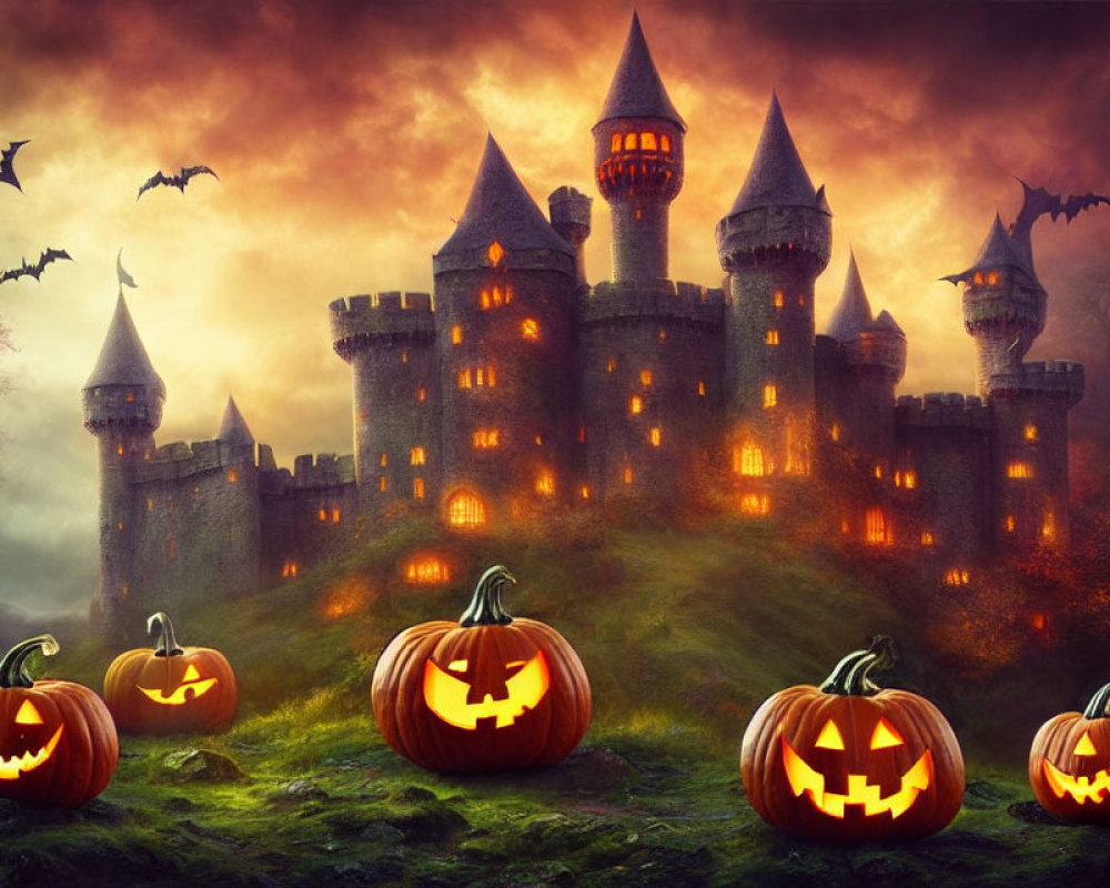 Eerie castle at dusk with bats and pumpkins