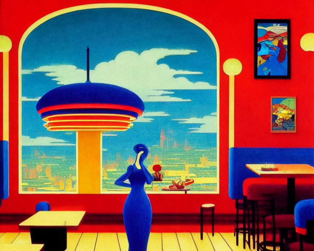 Stylized illustration of woman in blue dress by futuristic cityscape