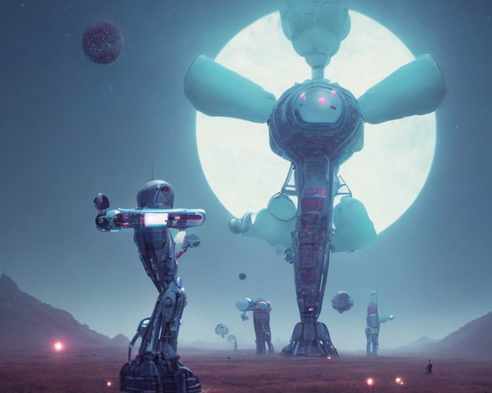 Futuristic robots in misty landscape with moon and celestial bodies.