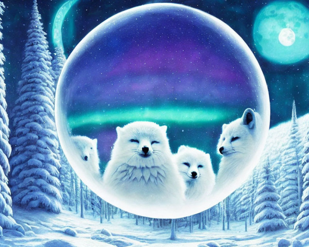 Winter scene: White foxes in orb, snow-covered trees, starry sky, green aurora