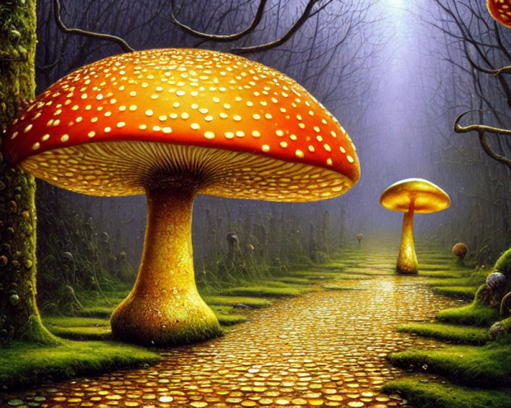 Enchanted forest path with oversized orange mushrooms & mystical atmosphere