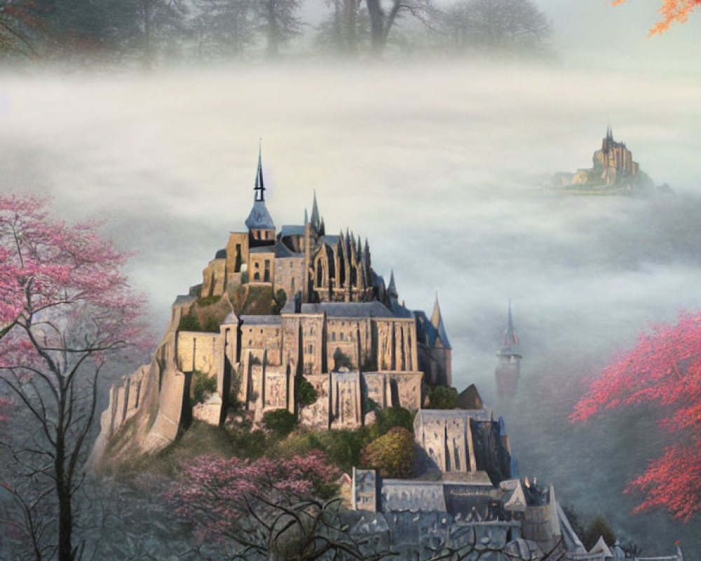 Enchanting castle on rocky hill amid mist and colorful trees