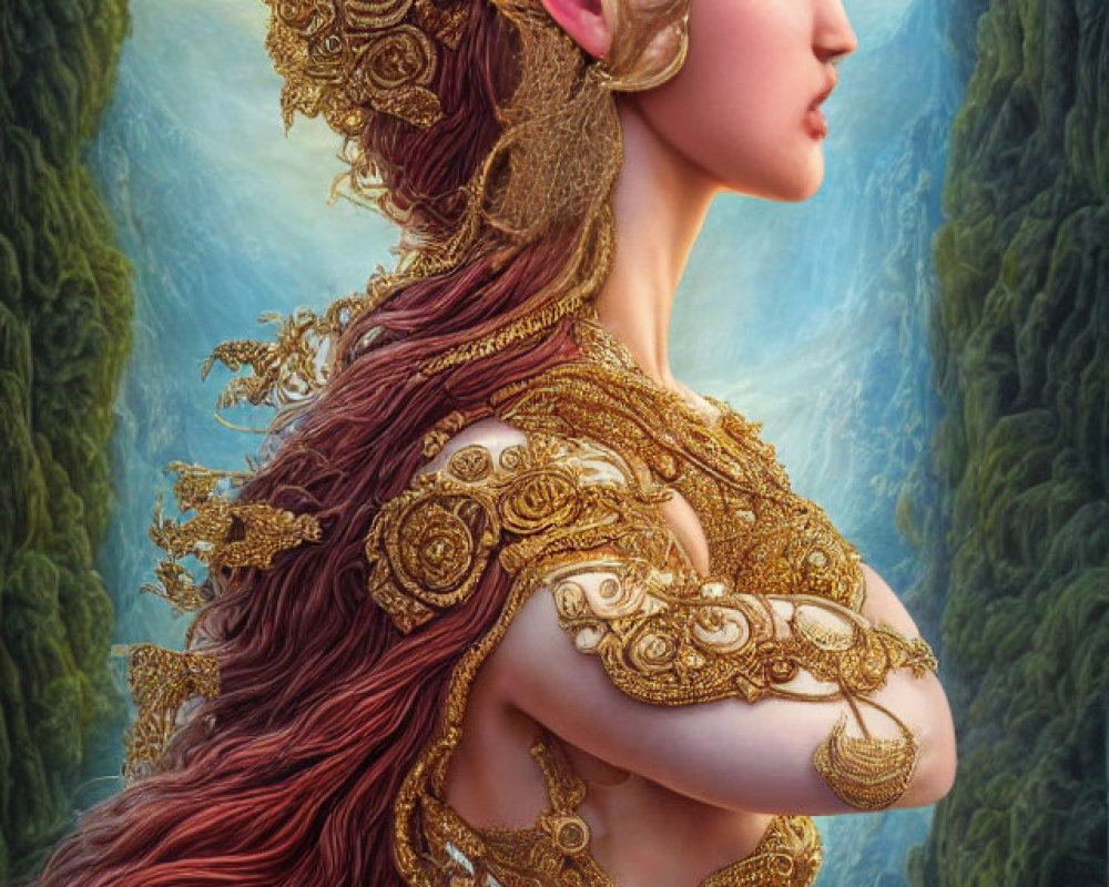 Profile view of woman with ornate gold headdress and jewelry, red hair, mystical forest backdrop.