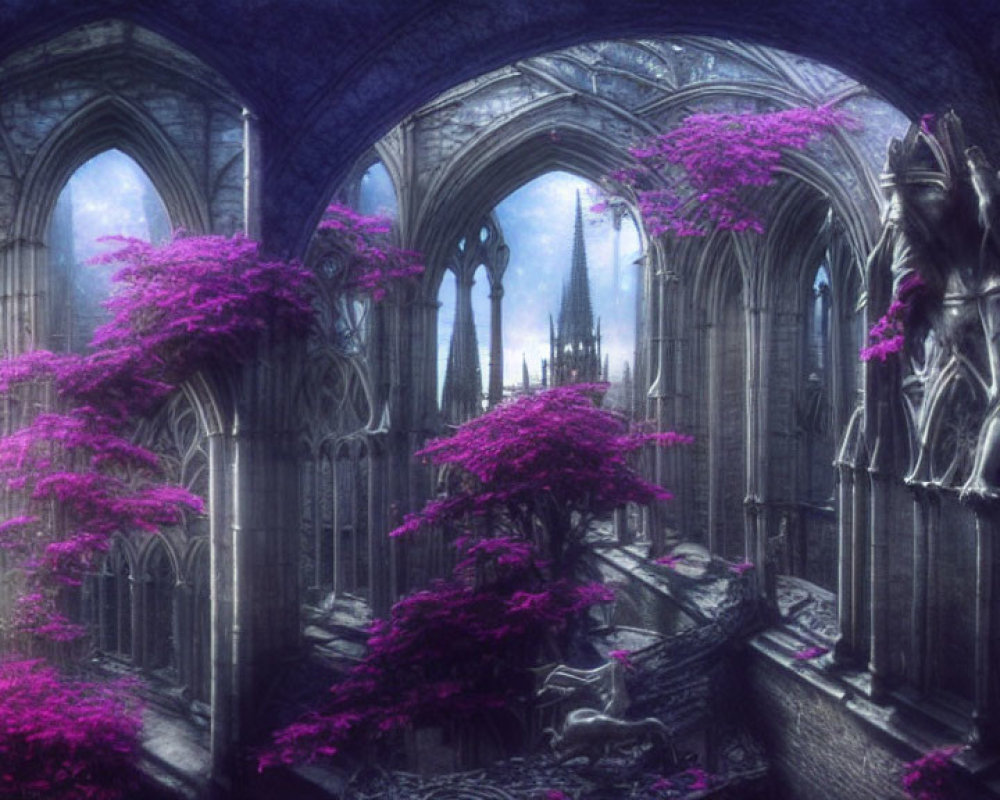 Gothic Cathedral with Pink Foliage and Ornate Statues