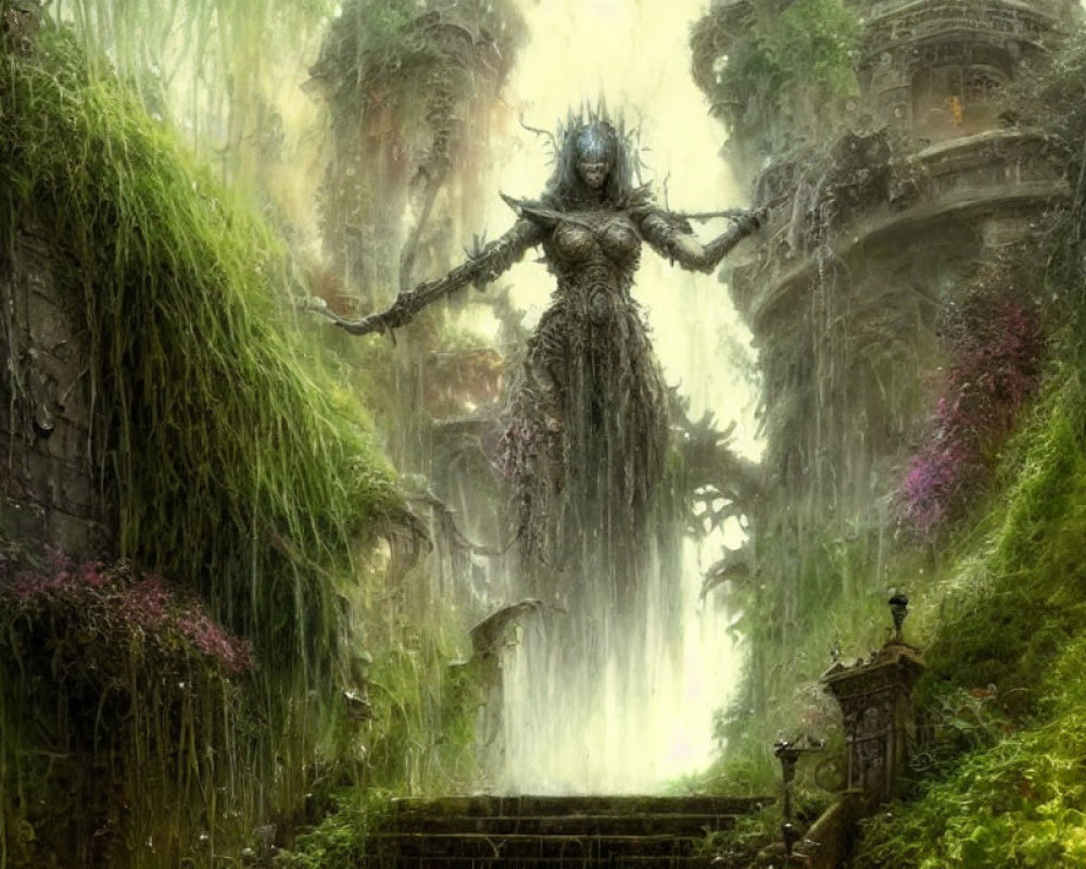 Armored figure in mystical setting with temple and waterfalls