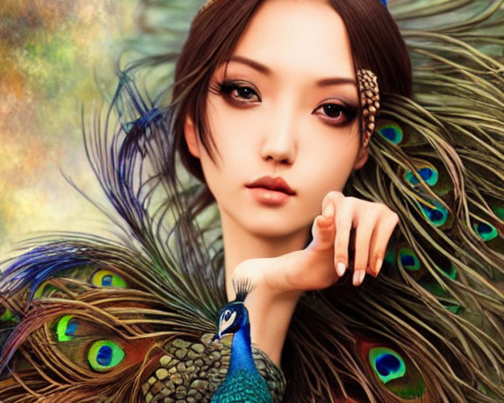 Woman in peacock-themed outfit with real peacock, showcasing vibrant feathers.