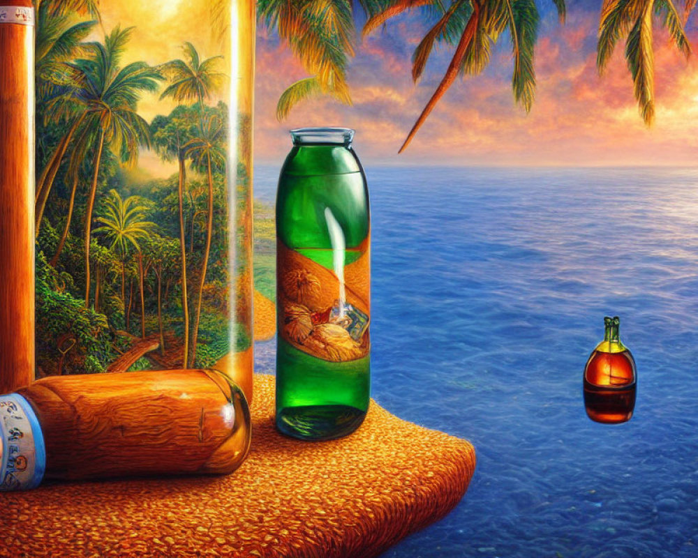 Colorful digital artwork: Three floating bottles with tropical scenes.