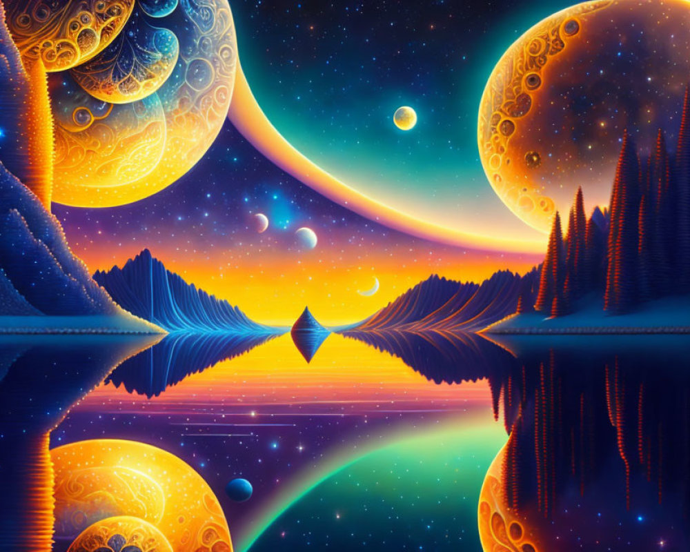 Colorful Cosmic Landscape with Planets, Lake Reflection, and Pine Trees